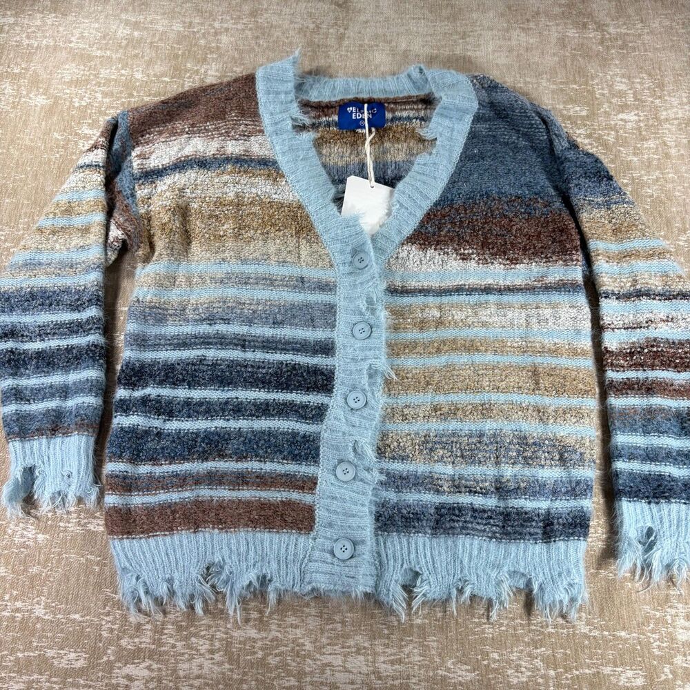 Aelfric Eden Fringe Gradient Pinstripe Cardigan Blue Brown M NWT